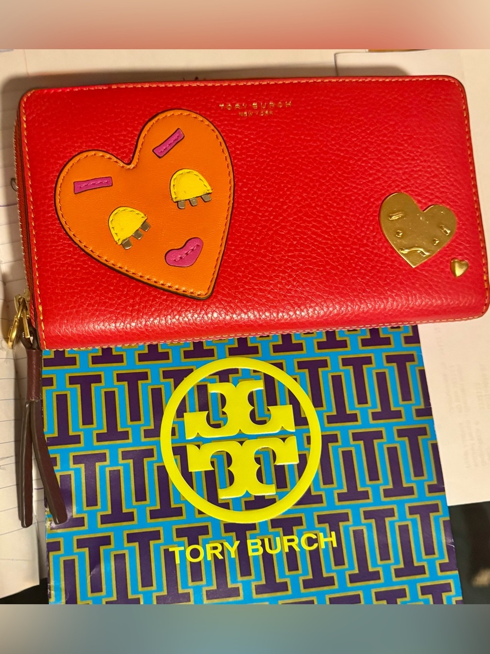 Tory Burch Perry Patchwork Hearts zip continental wallet with heart zipper pull